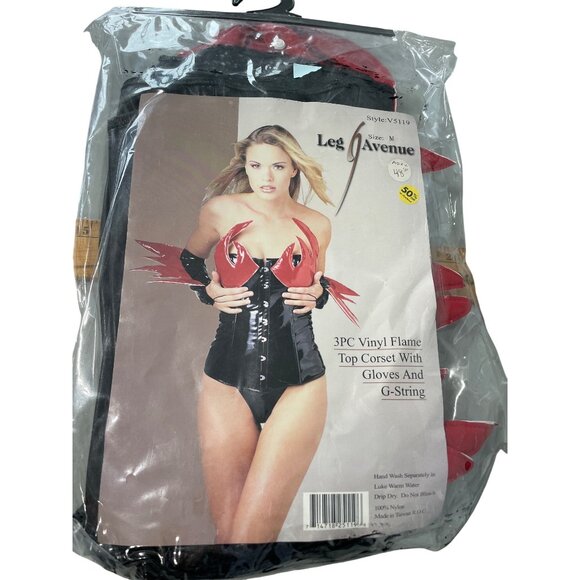 READ Flame Corset Set Size Medium Leg Avenue 3PC Vinyl Black Red Gloves G-String - Picture 2 of 8